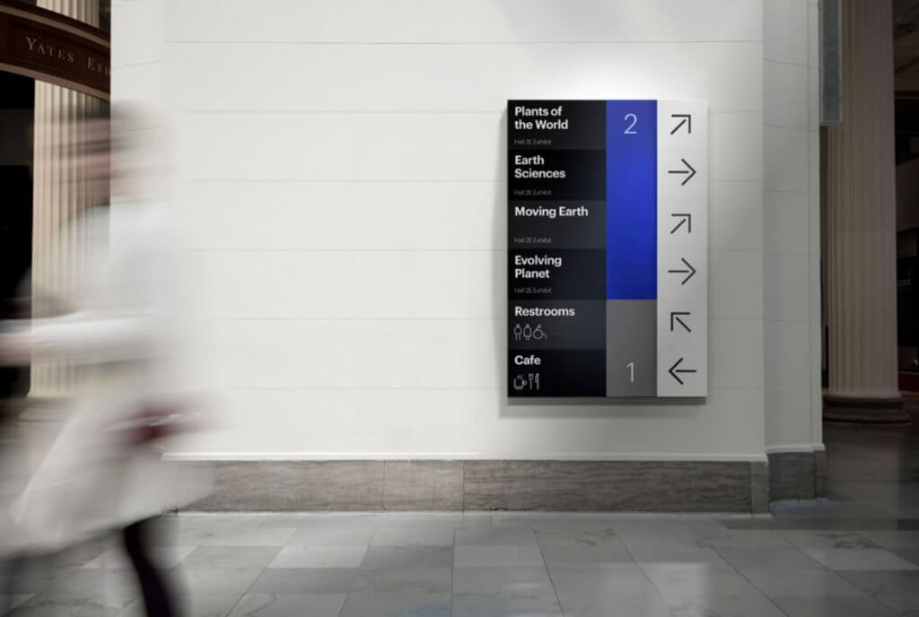 A large sign lists exhibits in white text on black on the left side, corresponding floor numbers in blue and gray in the middle, followed by black arrows on white indicating which way to go.