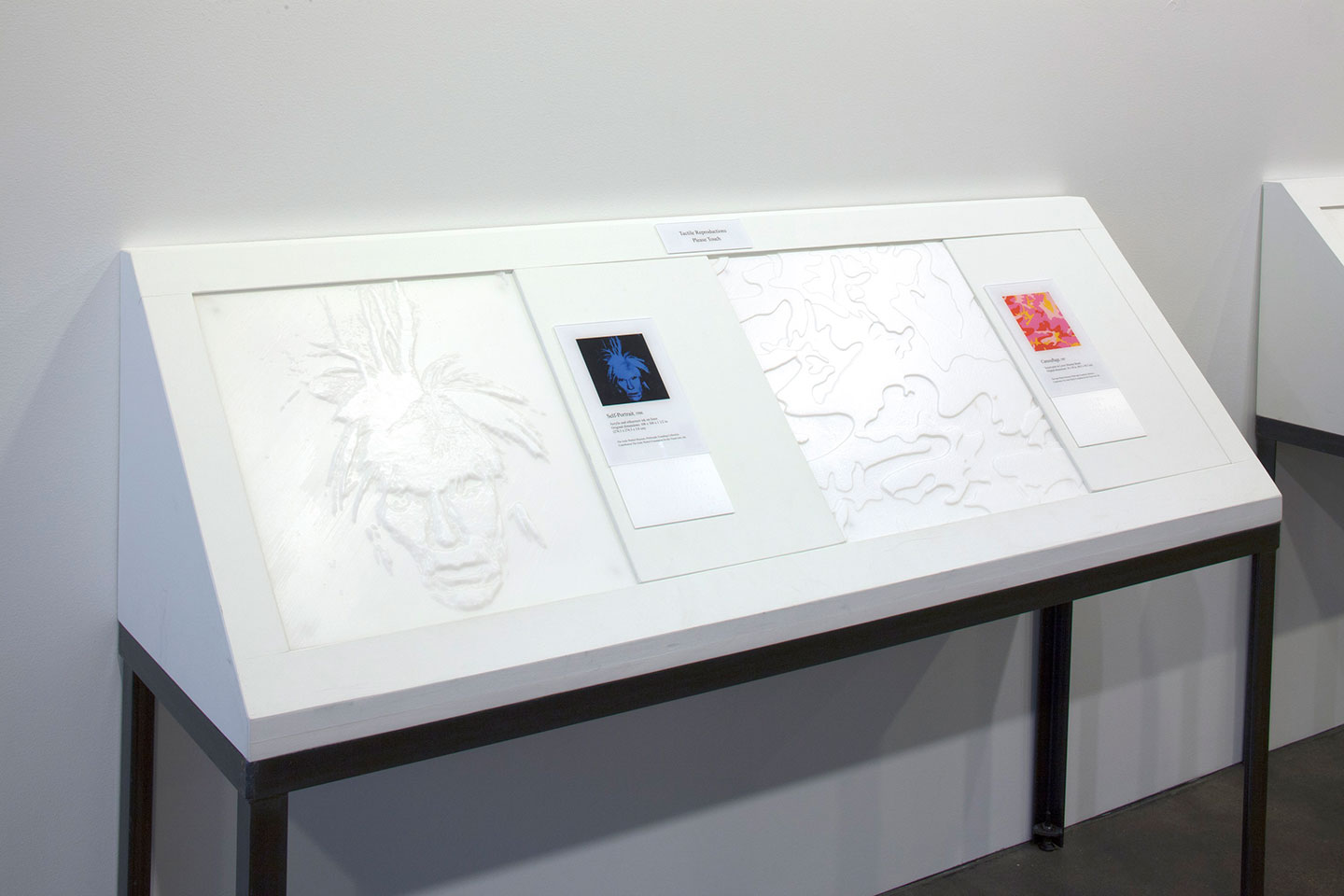 Two textured replicas of pictured artworks are presented on a table at waist height, angled upward at a 45 degree angle from the wall.