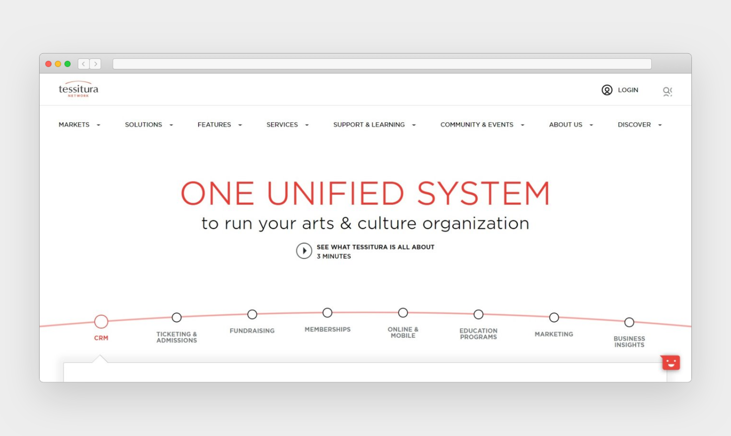 A website screenshot features "One Unified System" in large, red font in the middle. Various navigational items are listed along the top of the page; provided services are listed at the bottom of the page along a bulleted, linear red arch.