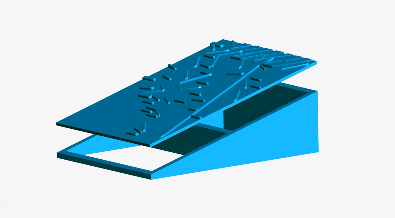 A stylized, computer-rendered 3D object in bright cyan and dark teal tones on a plain light background of a large sloped rectangular panel extends diagonally upward. The panel is covered with many small raised bars, angled lines and protruding rectangles. Beneath it is a rectangular base frame with thick edges and open cutout areas, supporting the upper surface.