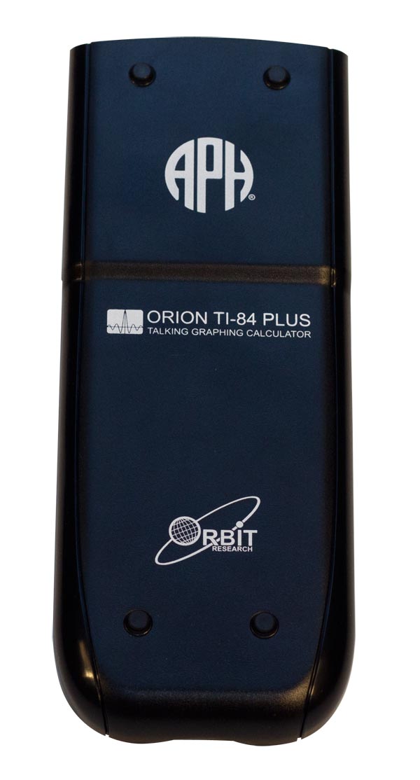 The back of a vertically oriented, dark navy and black Talking Graphing Calculator with rounded sides and ends. The surface displays the APH logo near the top, the text "ORION TI-84 PLUS TALKING GRAPHING CALCULATOR" in the middle, and an Orbit Research logo near the bottom. Four small black screw or rubber feet are visible near the corners, and the device has glossy black side rails against a plain white background.
