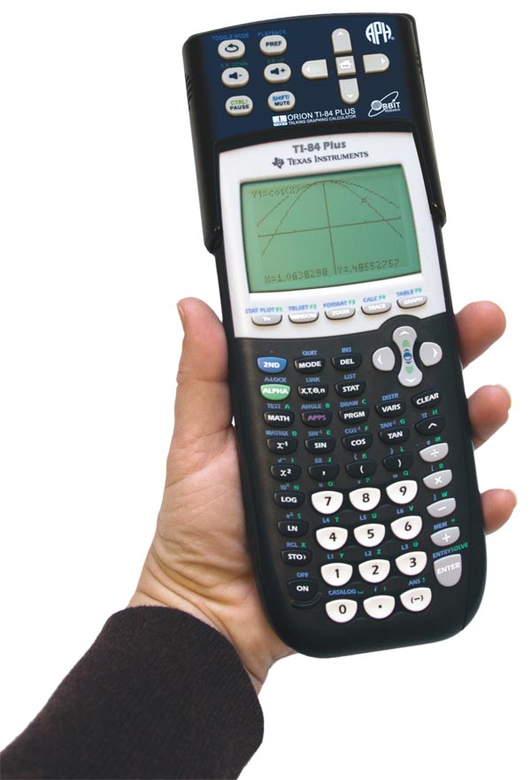 A black Texas Instruments TI-84 Plus talking graphing calculator being held in one hand with light skin against a plain white background. The calculator's screen displays a graph with plotted curves and coordinate values. It has many labeled buttons, including number keys, math functions, arrow controls, and graphing options. A dark attachment or sleeve is fitted around the top of the calculator, featuring extra buttons and labels, including "ORION TI-84 PLUS," "APH," and "Orbit Research."