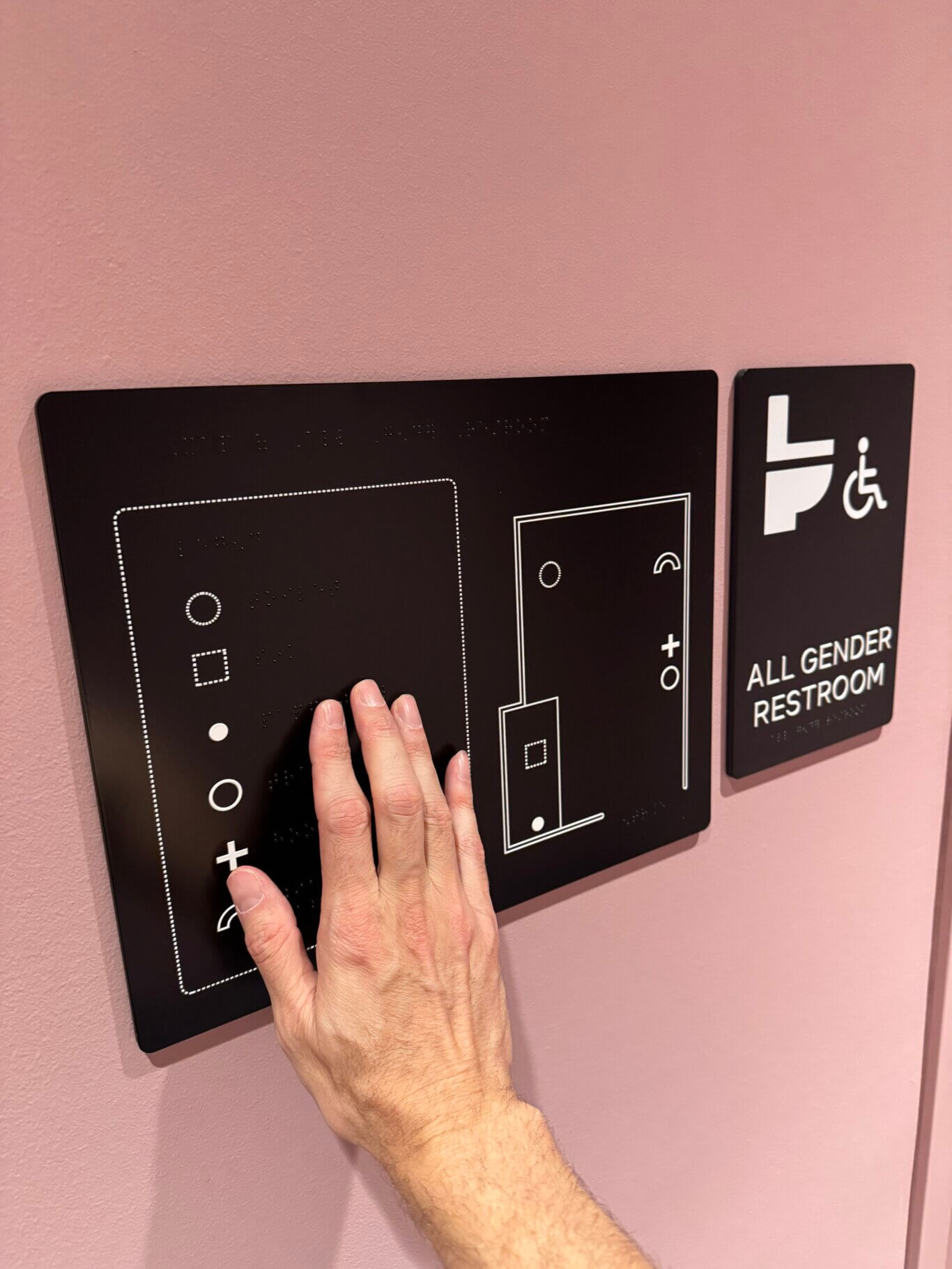 A close-up of a person with light skin tone touching a tactile restroom wayfinding sign mounted on a pink textured wall. On the left of the sign is a large black tactile panel with white outlined shapes, followed by Braille lables, possibly a legend. To the right of the legend is a simple map. To the right, another black sign displays white restroom/accessibility symbols and the text "ALL GENDER RESTROOM" in both raised text and Braille.