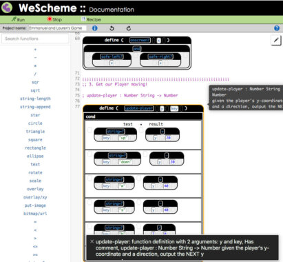 The WeScheme Documentation interface for a project named "Emmanuel and Lauren's Game." At the top are toolbar buttons such as Run, Stop, and Recipe. On the left is a searchable list of programming functions, including math, string, and image-related functions like +, sqrt, string-append, circle, rectangle, and overlay. In the main workspace, a program is being edited using visual block-style code. A section titled "3. Get our Player moving!" defines a function named update-player with parameters y and key. The function uses a cond block to compare the pressed key with strings such as "up", "down", "w", and "s", then adjusts the player's y-coordinate by adding or subtracting values like 20 or 40. A tooltip on the right explains the function signature: update-player : Number String -> Number, describing it as taking the player's y-coordinate and a direction to output the next y-coordinate.