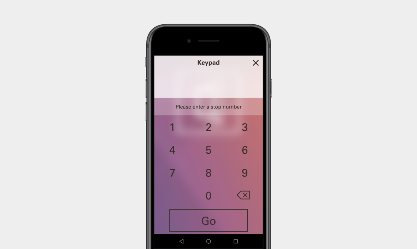 A black smartphone on a light gray background. On the phone screen is a keypad UI with the title "Keypad" at the top and an "X" close button in the upper-right corner. Below it, a prompt reads "Please enter a stop number." The main area has a pink-to-purple gradient background with large numeric buttons arranged like a keypad: 1-9, then 0 near the bottom. A backspace/delete icon appears to the right of the 0, and a large outlined "Go" button sits at the bottom.
