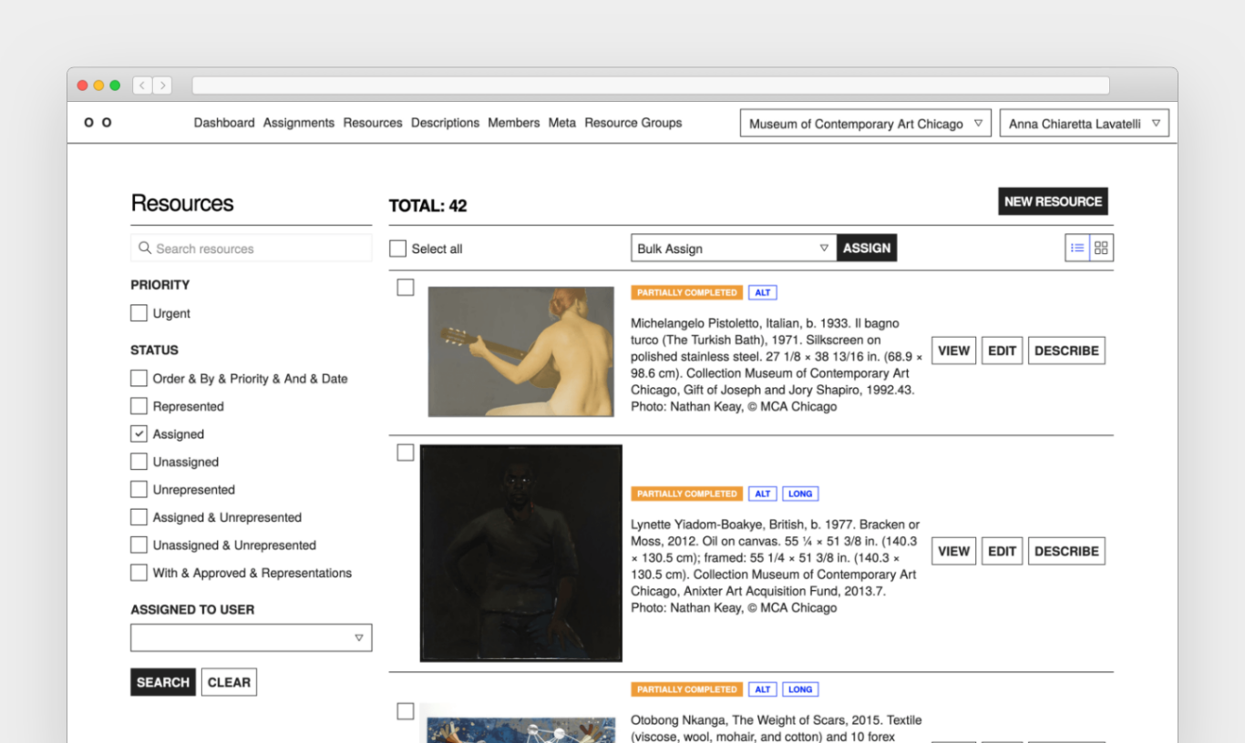 A browser window displaying a "Resources" page for the Museum of Contemporary Art Chicago. A top navigation bar includes tabs such as Dashboard, Assignments, Resources, Descriptions, Members, Meta, and Resource Groups, along with dropdowns for the museum and a user named Anna Chiaretta Lavatelli. On the left sidebar are search and filter options, including priority, status checkboxes like Assigned and Unassigned, and an "Assigned to User" dropdown with Search and Clear buttons. The main panel shows "TOTAL: 42," a select-all checkbox, a bulk assign dropdown, an Assign button, and view toggles. Below, individual artwork entries appear in a list with checkboxes, thumbnail images, orange "PARTIALLY COMPLETED" labels, blue tags such as "ALT" and "LONG," descriptive metadata, and action buttons labeled View, Edit, and Describe. The visible artworks include pieces by Michelangelo Pistoletto and Lynette Yiadom-Boakye.