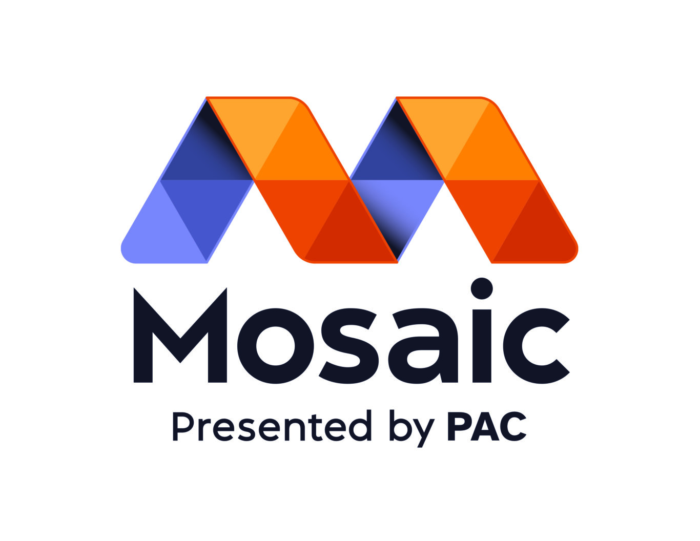 'A wide large purple and orange capital M on a white background constructed from 13 equilateral triangles sits atop three lines of text that say, "Mosaic, Convening 2024, Presented by PAC". "Mosaic" and "Presented by PAC" are rendered in black and "Convening 2024" stands out as white text in a purple box.'
