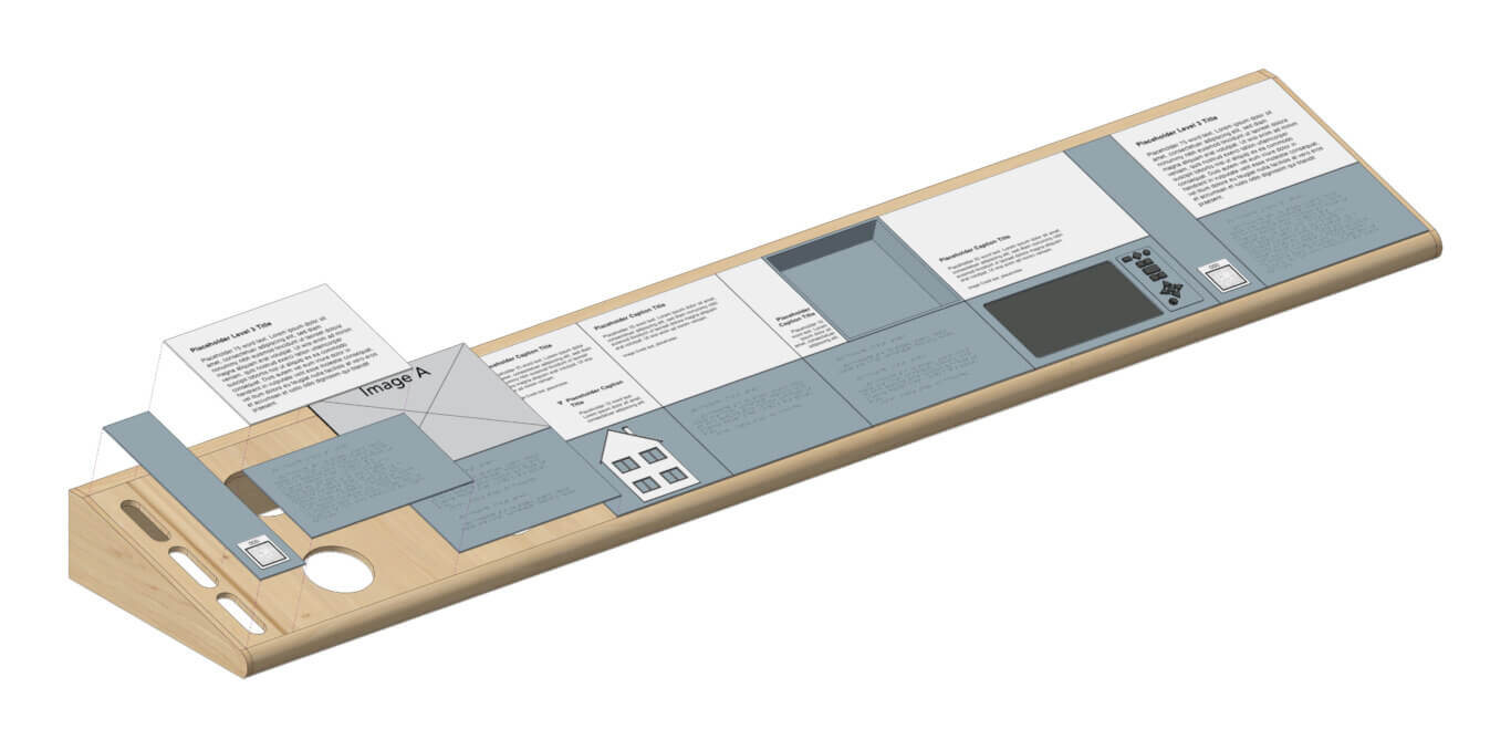 A detailed isometric 3D rendering of a multi-layered interface prototype laid out in a long grid with two rows. Several blue-gray panels, white placeholder content sheets, and screen-like components are stacked and offset above a light wood base, creating an exploded-view effect. Some panels include placeholder headings, body text, Braille, image boxes, icons, buttons, and digital screen areas. The wooden base has rounded edges and cutouts, while thin guide lines connect layers, emphasizing how the pieces align within the overall structure.