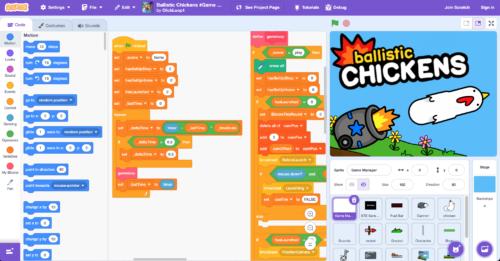 The Scratch programming editor showing a project called "Ballistic Chickens" by ClickLoop1. The interface displays colorful block-based code scripts for a Game Manager sprite, a block palette on the left, a sprite panel below, and a game preview on the right showing a cannon launching a chicken with the title "ballistic CHICKENS".