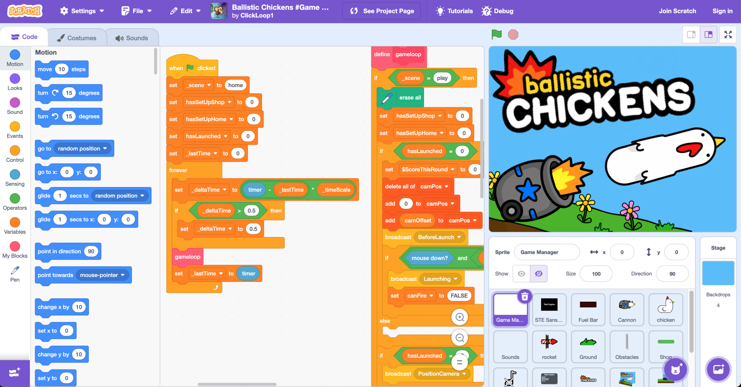 The Scratch programming editor showing a project called "Ballistic Chickens" by ClickLoop1. The interface displays colorful block-based code scripts for a Game Manager sprite, a block palette on the left, a sprite panel below, and a game preview on the right showing a cannon launching a chicken with the title "ballistic CHICKENS".