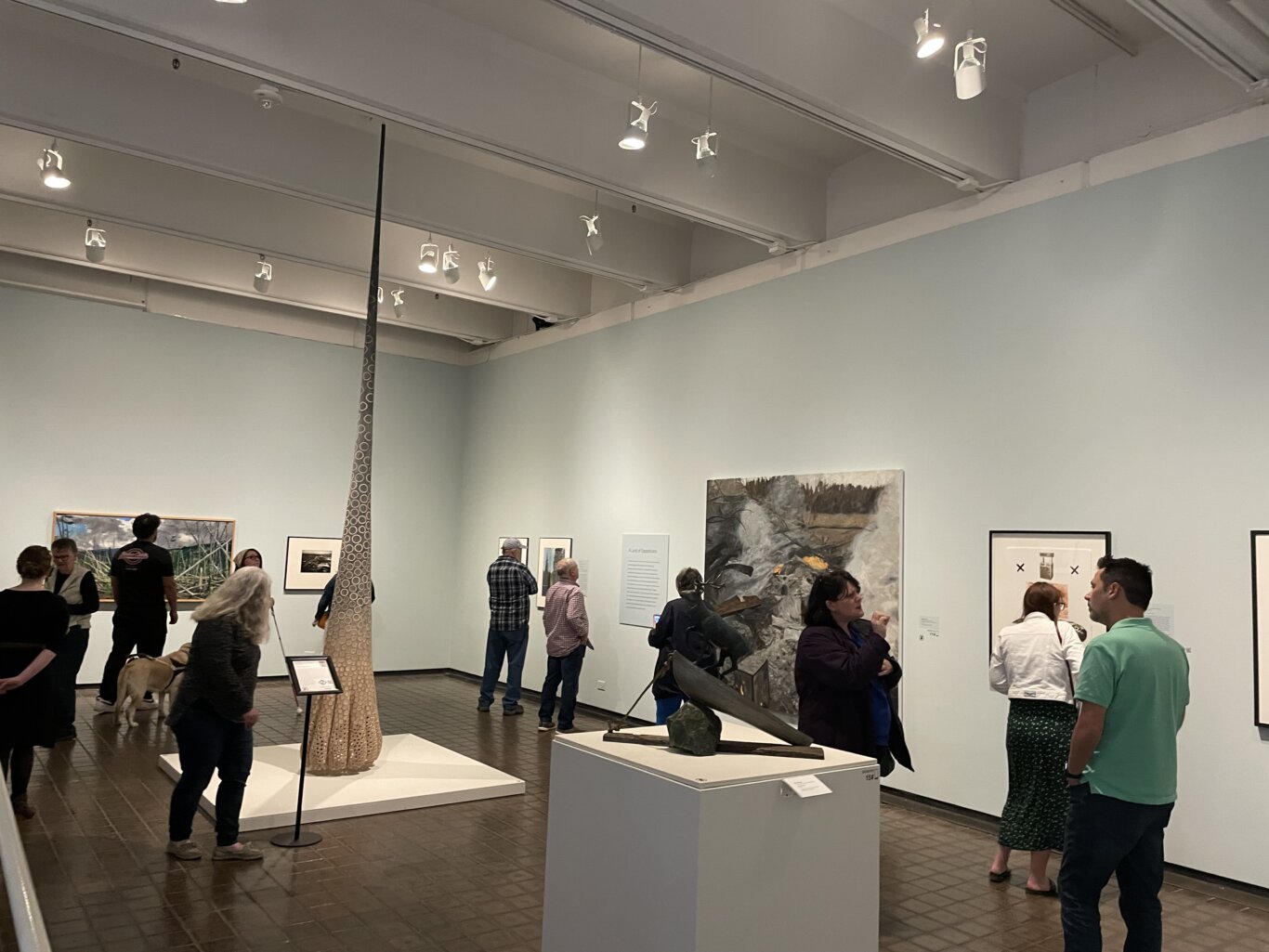 Visitors in a contemporary art gallery with sculptures in the center of the space and 2-D artworks along the walls. The visitors mill about the the space, looking at paintings, photographs, and sculptures mounted along the walls and on pedestals. Near the center of the room stands a tall sculptural form resembling a narrow tapering tower or organic spire, rising nearly to the ceiling from a white platform. Its surface is patterned with repeating circular openings that grow denser toward the wider base. In the foreground, a dark abstract bronze sculpture sits on a white pedestal, composed of curved and angular forms balanced diagonally. Around the gallery, small groups of people sign in small groups, including a person with a yellow Labrador guide dog.