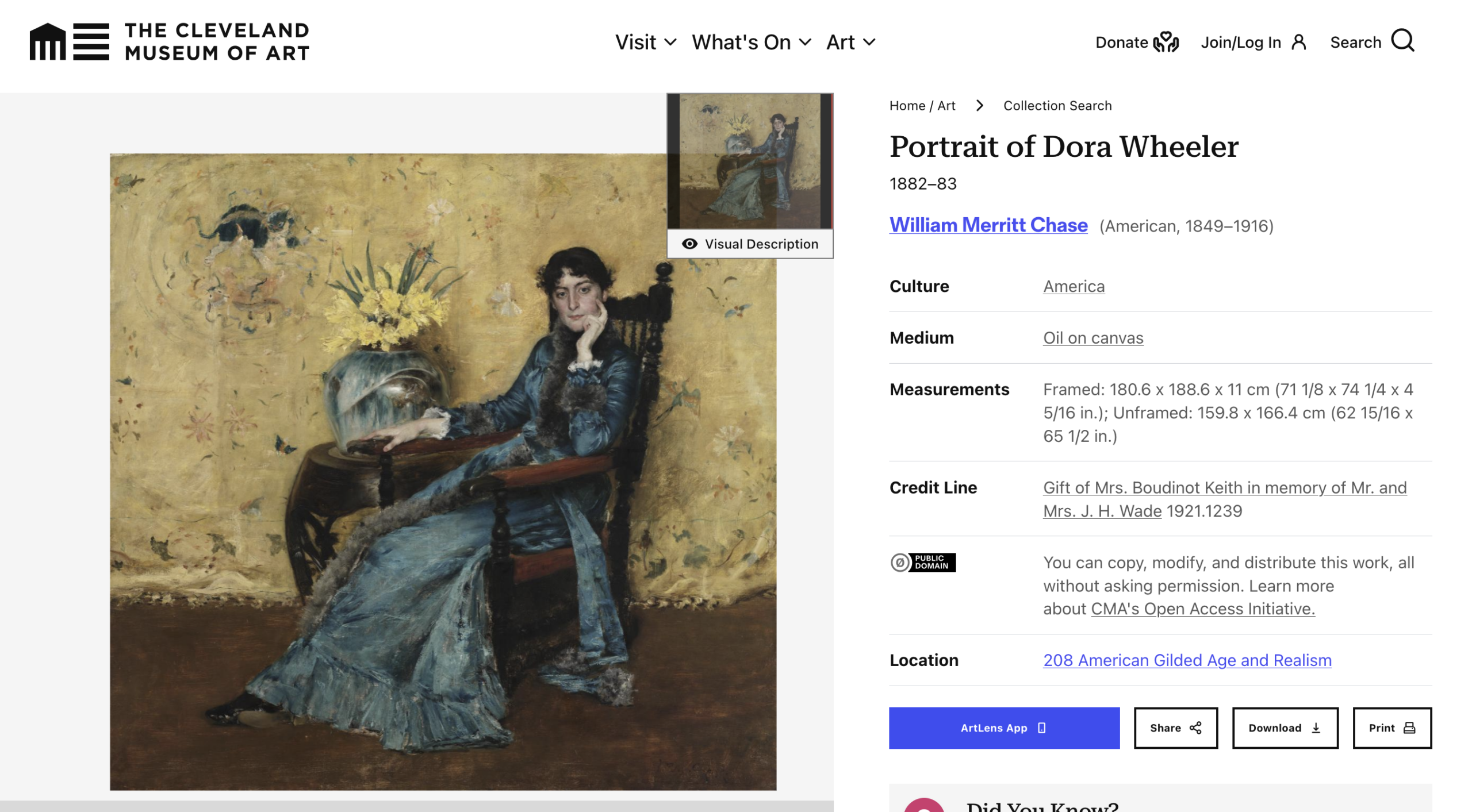 A screenshot of The Cleveland Museum of Art's collection page. The main content shows an oil painting, the Portrait of Dora Wheeler, by William Merritt Chase. In the painting, a woman in a blue dress sits in a dark wooden chair, resting her head on one hand, beside a small table holding a vase of yellow flowers. The background is a soft yellow patterned wall or screen with loose floral decoration. On the right side, the page lists the artwork title, date "1882-83," artist "William Merritt Chase," and details including culture, medium, measurements, credit line, public domain status, and location. Buttons for "ArtLens App," At the top is the museum's logo and navigation menu with options such as "Visit," "What's On," "Art," "Donate," "Join/Log In," and "Search." "Share," "Download," and "Print" appear below the information.