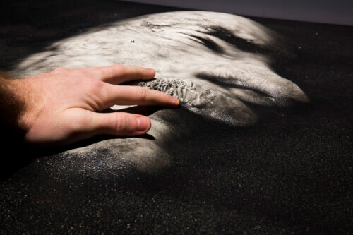 A close-up view of a hand with light skin touching a black and grey, shiny textured and raised black and white image of a distored human face with light skin tone. Across the surface are cloudy white streaks and raised textured patches on the person's mustache. Bright sunlight creates strong contrast, deep shadows, and sparkling reflections in the dark areas. A small raised silver bead is embedded into the middle of the person's cheek.