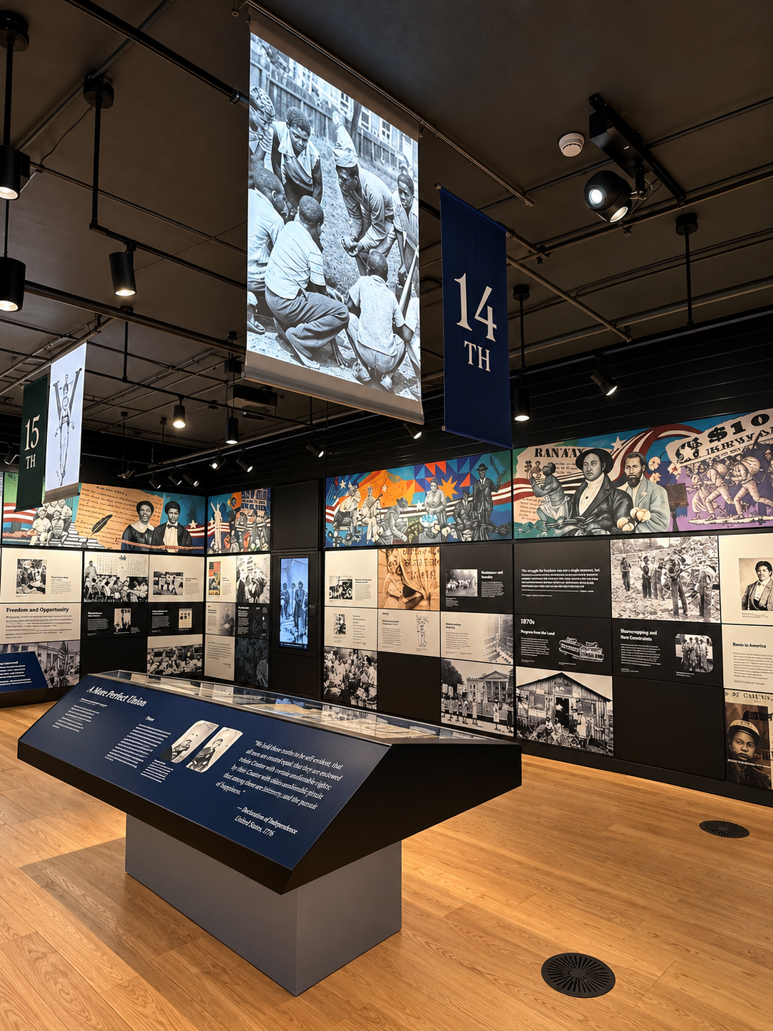 A spacious museum gallery presents a history exhibit through suspended banners, archival photographs, illustrated murals, and a long wall of interpretive panels. In the foreground, a dark blue, glass-topped display table stands on a honey-colored wood floor beneath black ceiling tracks and spotlights. Its large heading reads "A More Perfect Union," and a section is labeled "1776," with illegible blocks of text below. Overhead, a tall blue banner reads "14th" next to a black and white photograph of a group of young Black men in a circle with a baseball and bat. Across the back wall, a colorful mural combines portraits, crowds, buildings, American flags, document fragments, and vintage notices. Below, a grid of black, cream, and photographic panels includes the readable headings "Freedom and Opportunity," "Resistance and Revolt," "1870s," "Progress from the Land," "Sharecropping and New Constraints," and "Roots in America," with illegible block text below the headings. Additional captions, quotations, dates, and labels throughout the wall display are present but too distant and small to transcribe reliably. A vertical digital screen among the panels shows a black-and-white image of several standing people.