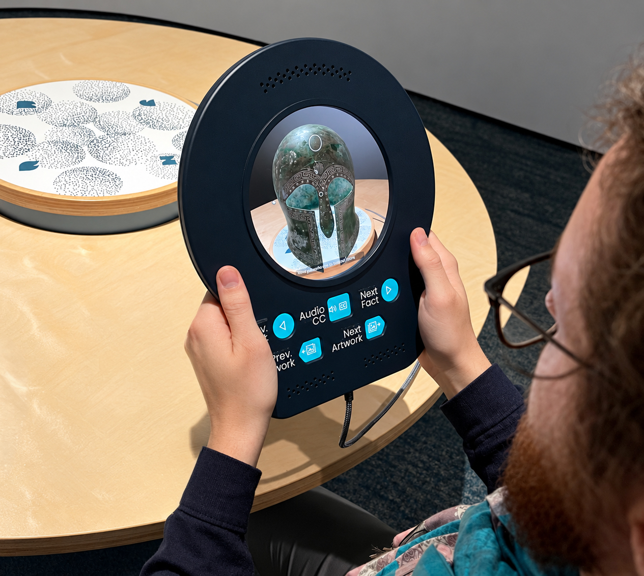 A seated person with light skin holding a large black interactive museum viewer above a pale wooden table. The viewer has a rounded top, perforated speaker holes, a circular screen, illuminated turquoise controls, and a cable extending from its lower edge. On the screen, an ornate dark green helmet is shown from the front, with turquoise eye areas, silver geometric borders, a long nose guard, and a small oval marking near the crown. The viewer's visible labels read "V.", with the rest obscured by the visitor's hand; "Audio CC"; "Next Fact"; "Prev. Artwork"; and "Next Artwork." Turquoise buttons display a left-pointing triangle, a speaker symbol, "CC," a right-pointing triangle, and small artwork icons. Behind the viewer, a round inset display on the table contains a white surface patterned with gray stippled shapes and several small dark teal forms. The visitor grips the device with both hands and looks toward the helmet image.